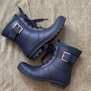 Navy Blue Lace-Up Rain Boots with Buckle